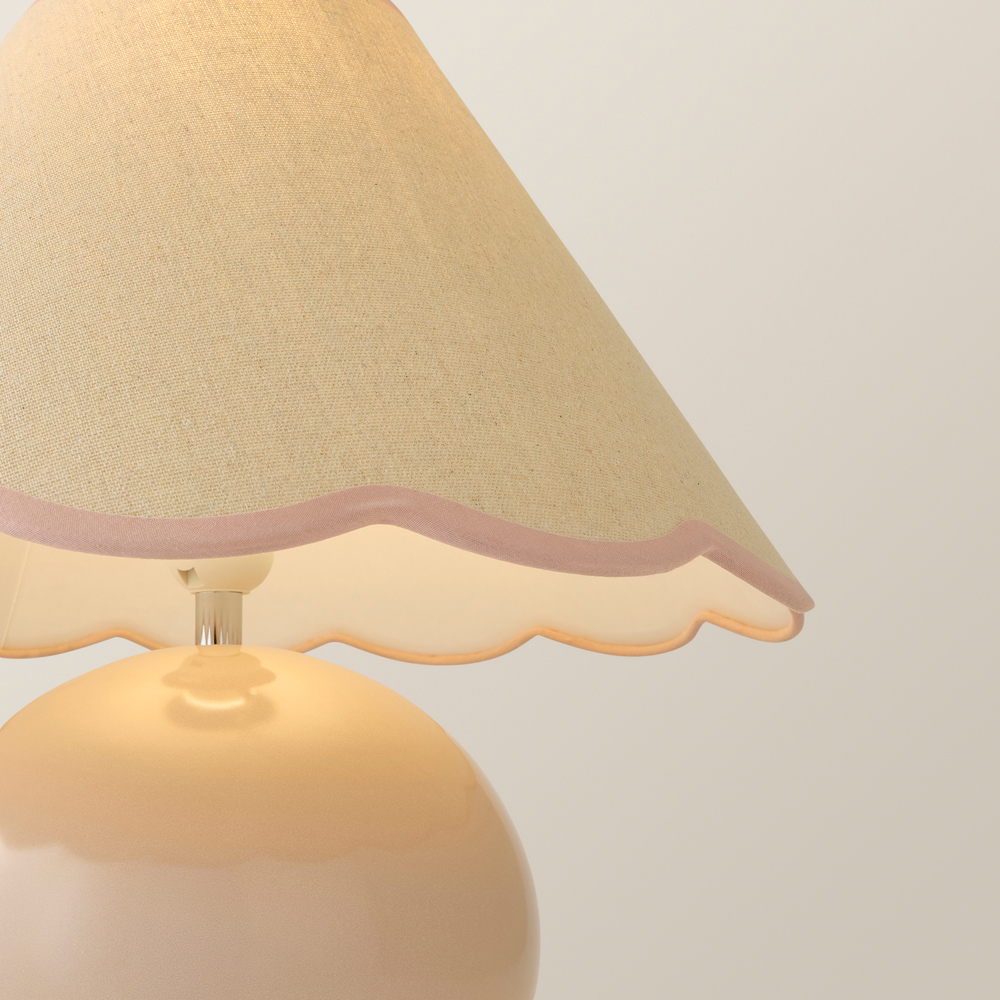 ValueLights Bosco Natural Stone Linen Pink Trim Scallop Shade Ceramic LED Table Lamp Image 3