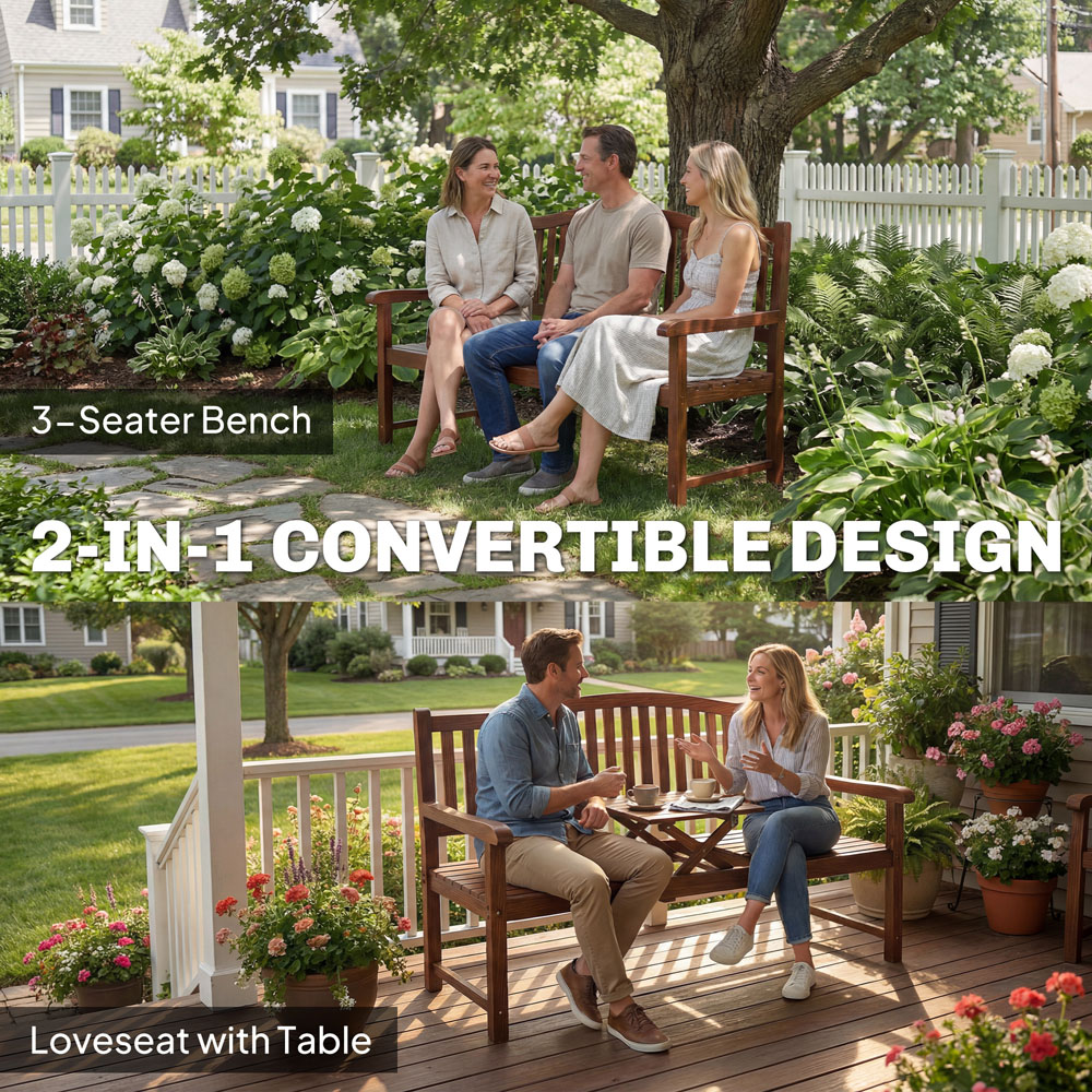 Outsunny 2 Seater Light Brown Wood Garden Loveseat Bench with Liftable Table and Cover Image 4