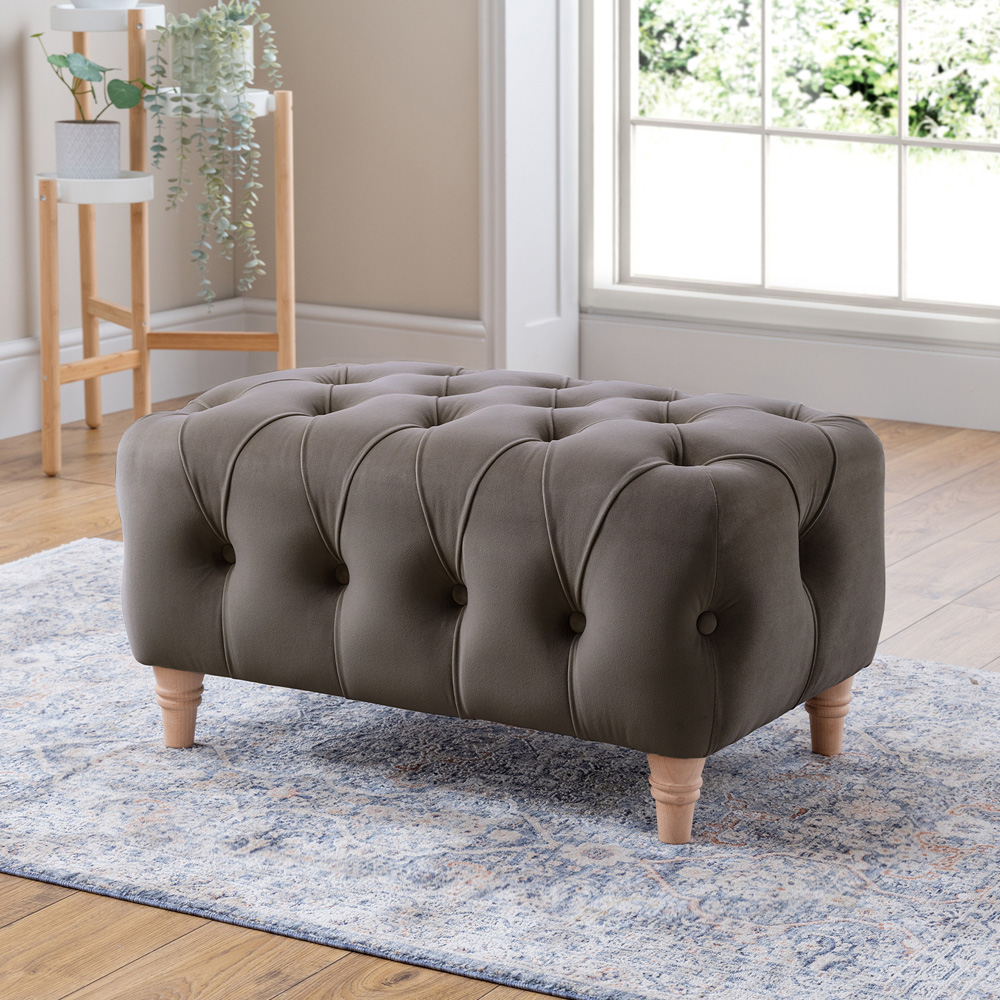 Elsie Chesterfield Mushroom Plush Velvet Footstool Image 3