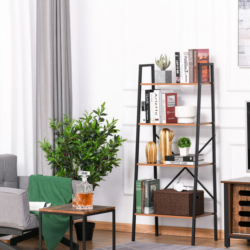 Portland 4 Shelf Vintage Black brown Ladder Bookcase Image 7