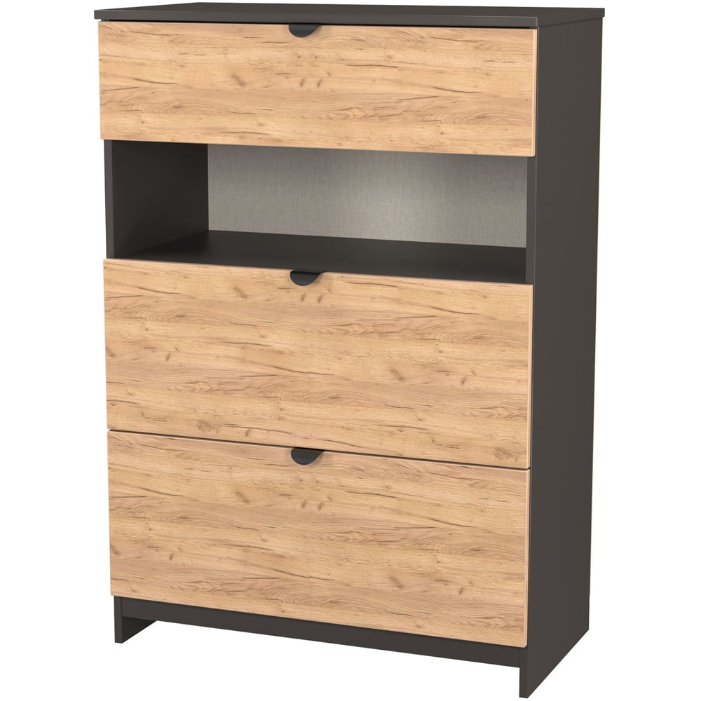 Crowndale Bora 3 Drawer Single Shelf Gold Oak and Graphite Storage Unit Image 4