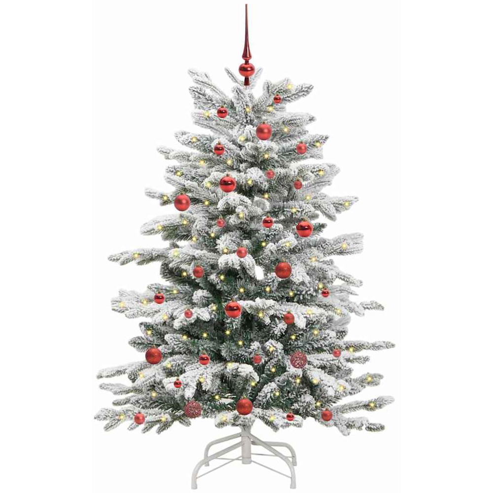 vidaXL Pre-Lit Red Baubles White Artificial Snow Flocked Christmas Tree 5ft Image 1