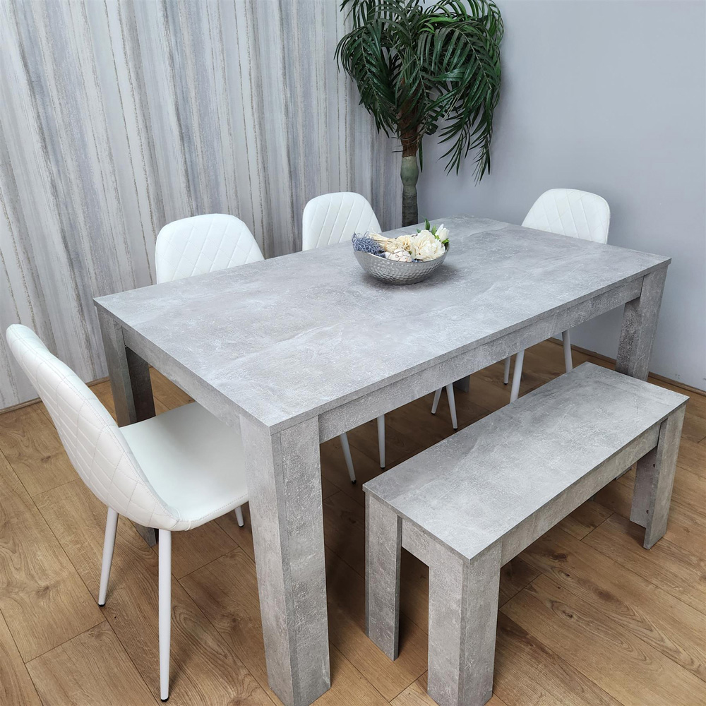 Kosy Koala 6 Seater Faux Leather Rectangular Dining Bench Set Stone Grey Effect and White Image 1