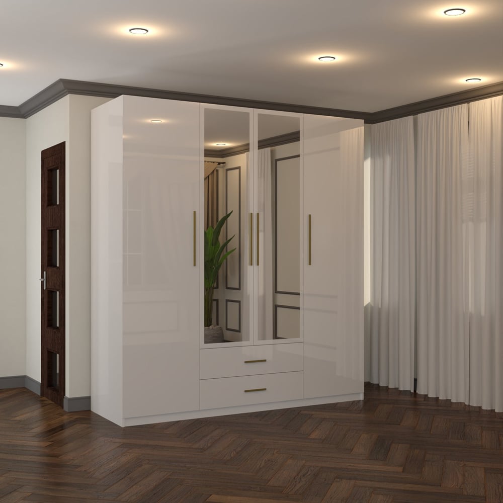 Sliding Wardrobes 4U XD1 4 Door 2 Drawer White High Gloss Gold Handle Mirror Wardrobe Image 6