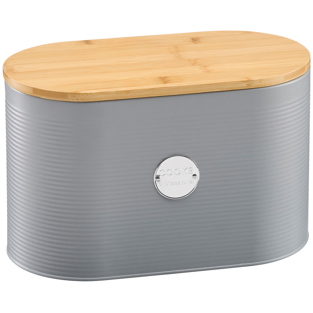 Cooks Professional Grey and Silver Ribbed Bread Bin with Linen Bag and Bamboo Lid Image 3