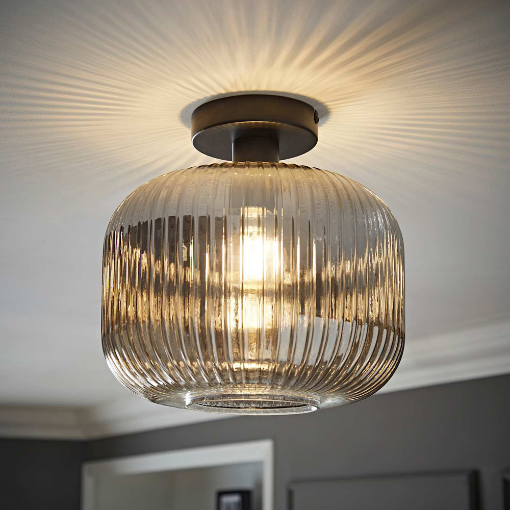 ValueLights Calpe Ribbed Smoked Glass Shade Matte Black Flush Ceiling Light with Bulb Image 6