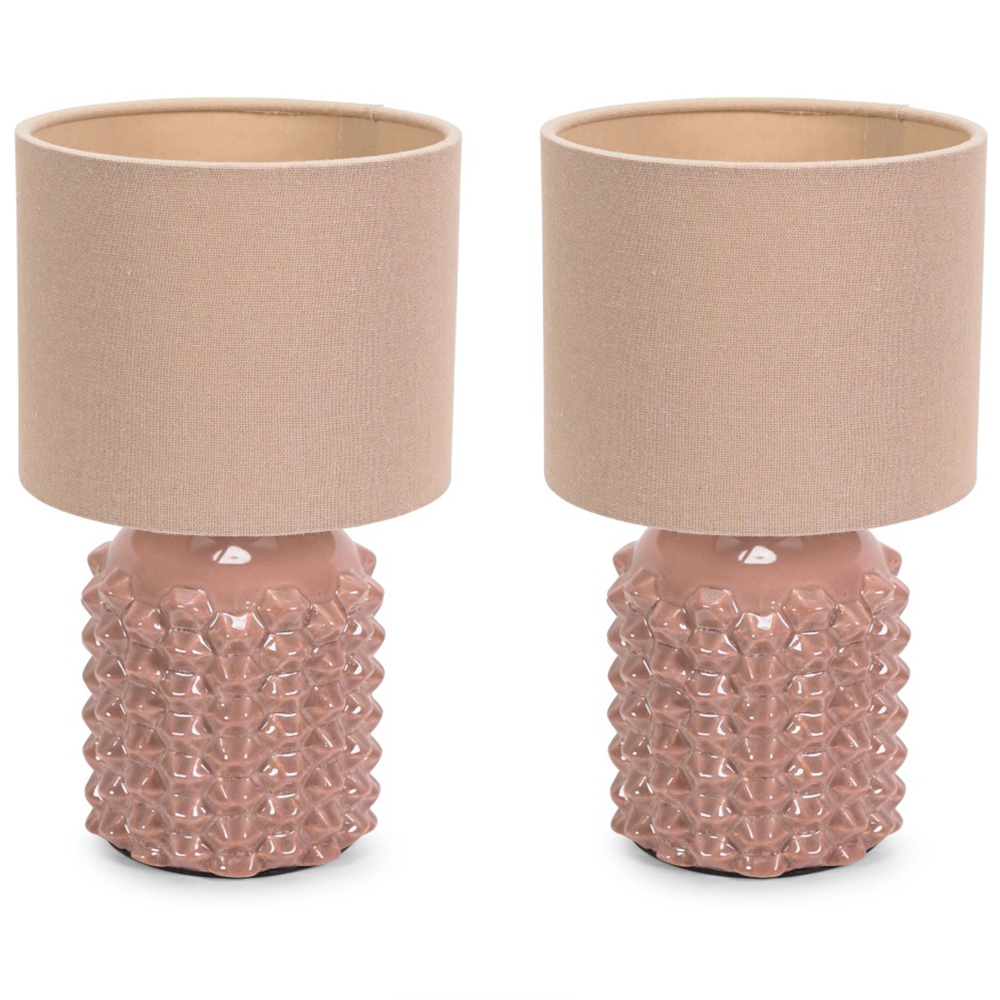ValueLights Asha Set of 2 Drum Shade Ceramic Tan Geometric LED Table Lamp Image 1