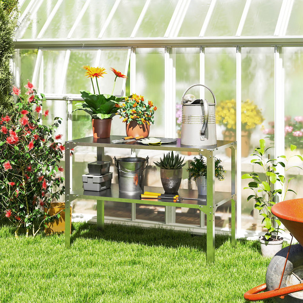Outsunny 2 Tier Silver Galvanised Potting Bench Table Image 2