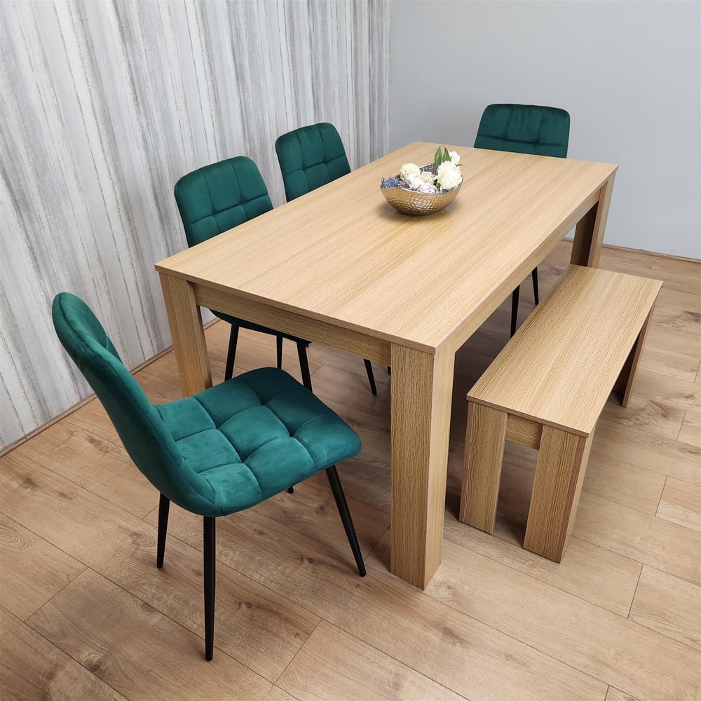 Portland 6 Seater Velvet Dining Bench Set Oak Effect and Green Image 8