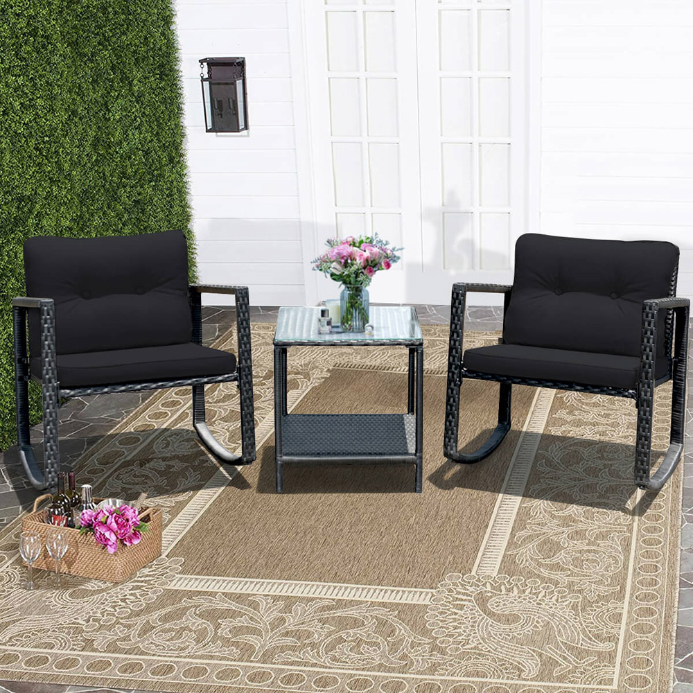 Costway 2 Seater Black PE Rattan Rocking Bistro Set with Cushion Image 1