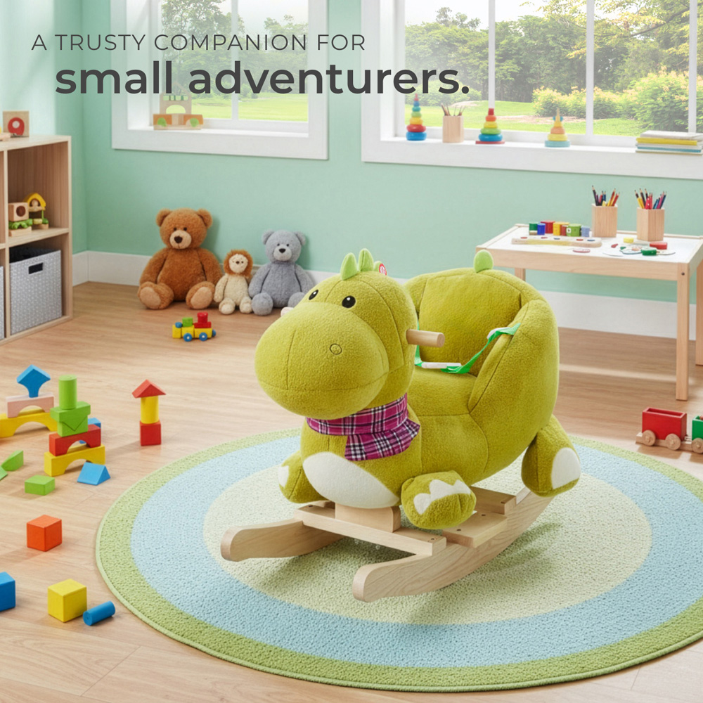 tectake Kids Green Dinosaur Plush Cover Wooden Rocking Horse Image 2