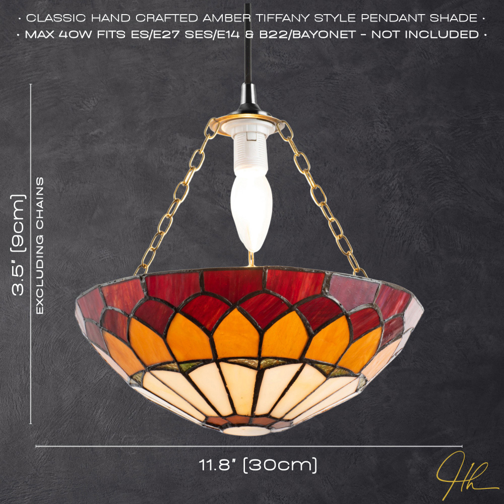 Happy Homewares Amber and Red Stained Glass Domed Pendant Lamp Shade Image 7