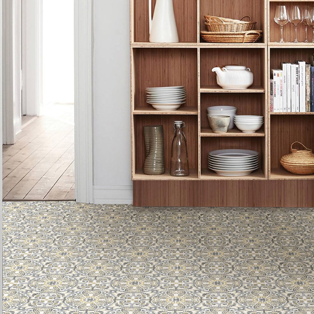 Floorpops Antico Yellow and Grey Peel and Stick Floor Tile 30.48 x 30.48cm 10 Pack Image 7