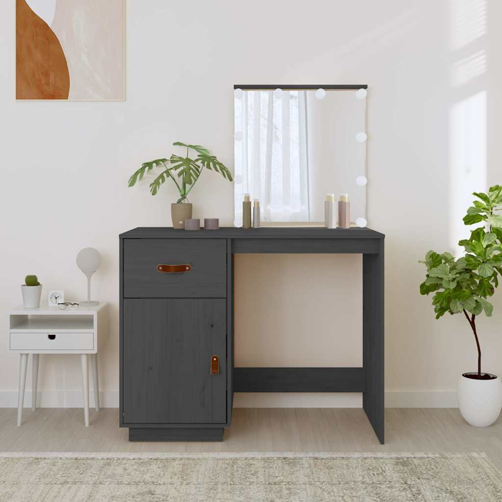 vidaXL Single Door Single Drawer Grey Solid Wood Pine Dressing Table with LED Mirror Image 8