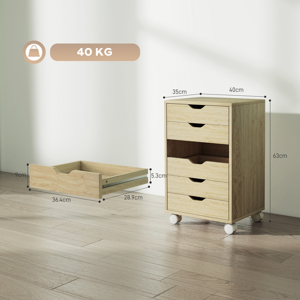 HOMCOM 6 Drawer Oak Vertical File Cabinet with Wheels Image 9