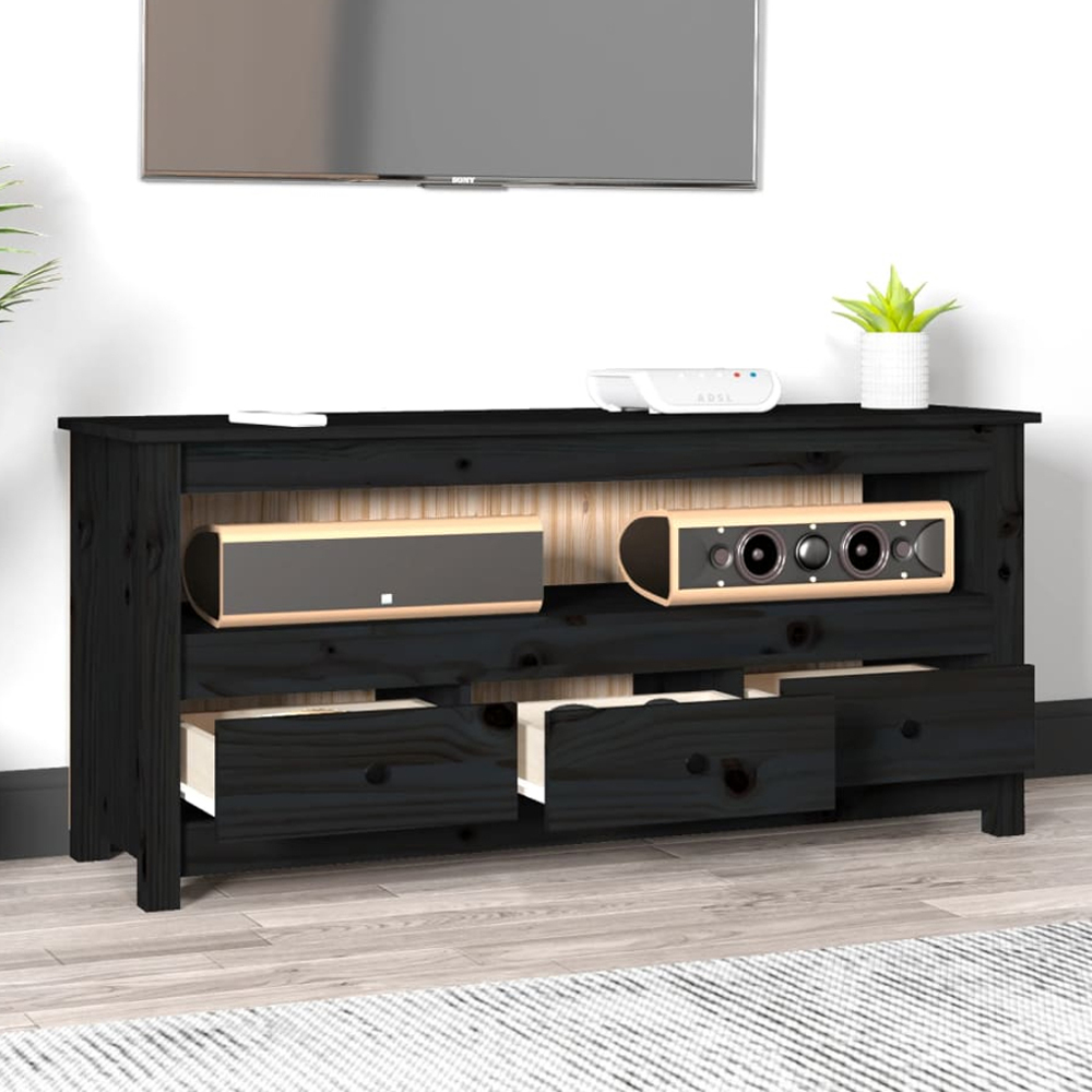 vidaXL 3 Drawer Single Shelf Black Solid Pine Wood TV Cabinet Image 1