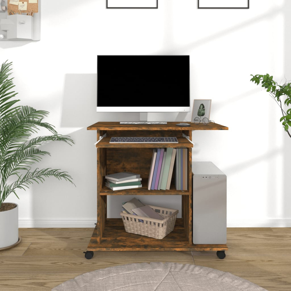vidaXL 3 Shelf Movable Computer Desk with Keyboard Tray Smoked Oak Image 7