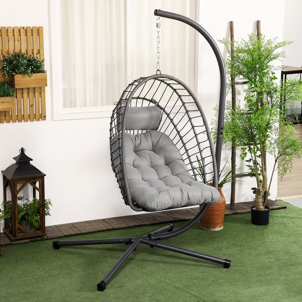 Outsunny Grey Rattan Swing Egg Chair with Cushions Image 1