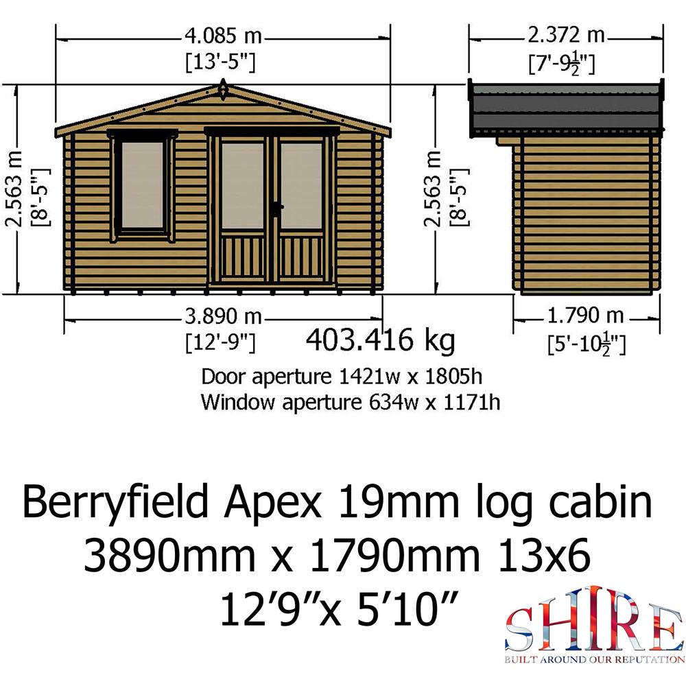 Shire Berryfield 13 x 6ft Apex Garden Log Cabin Image 9