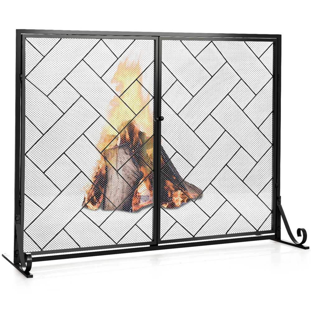 Costway 2 Panel Black Double Magnetic Doors Mesh Fireplace Screen Image 3