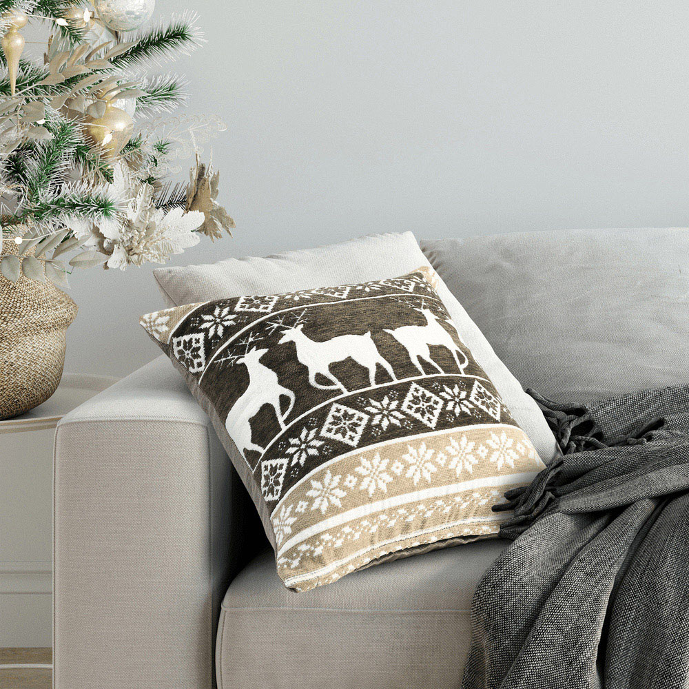 Noel Square Grey Xmas Stag Cotton Chenille Cushion Image 2