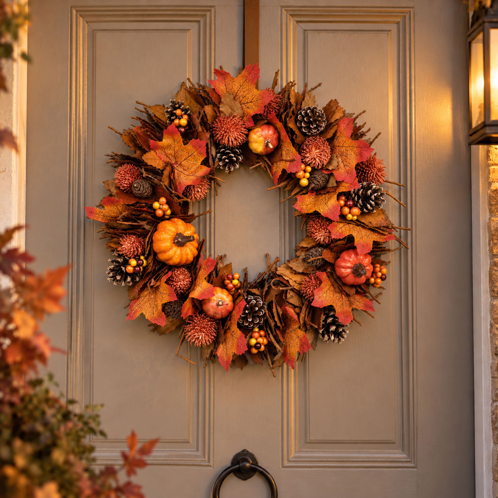 Neo Orange Artificial Autumn Wreath with Maple Leaves and Pumpkins 50cm Image 2