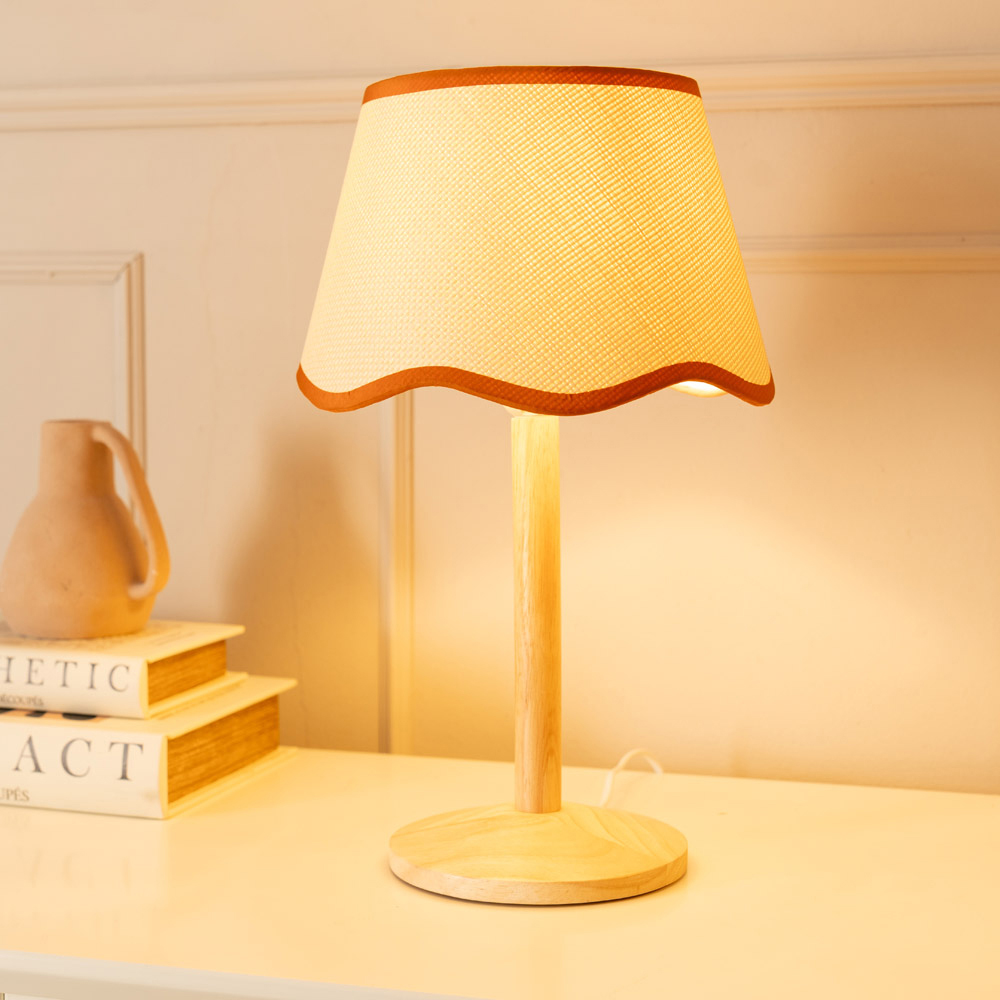ValueLights Triston Scallop Rust Edge Shade Natural Light Wood Stem LED Table Lamp Image 2