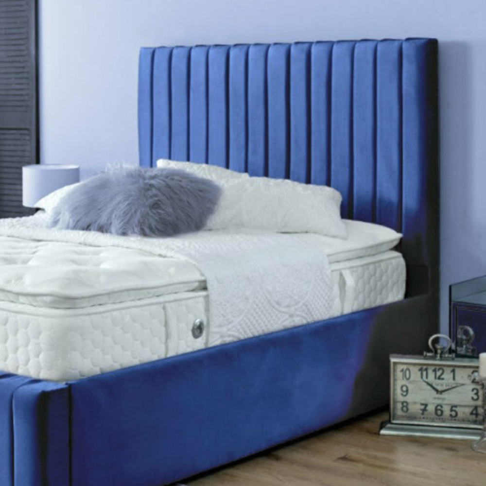 DS Living Savoy King Size Blue Panel Line Soft Velvet Bed Frame Image 2