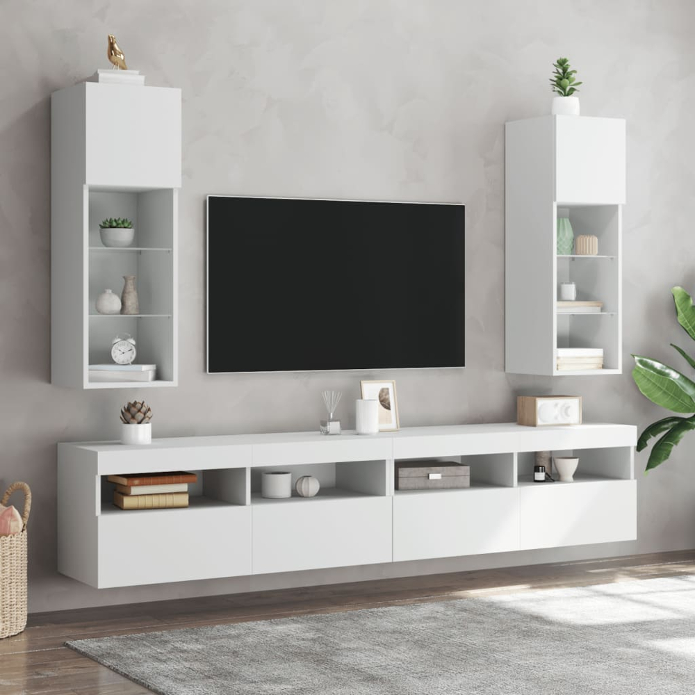 vidaXL Single Door 3 Shelf White TV Cabinet with LED Lights Set of 2 Image 8
