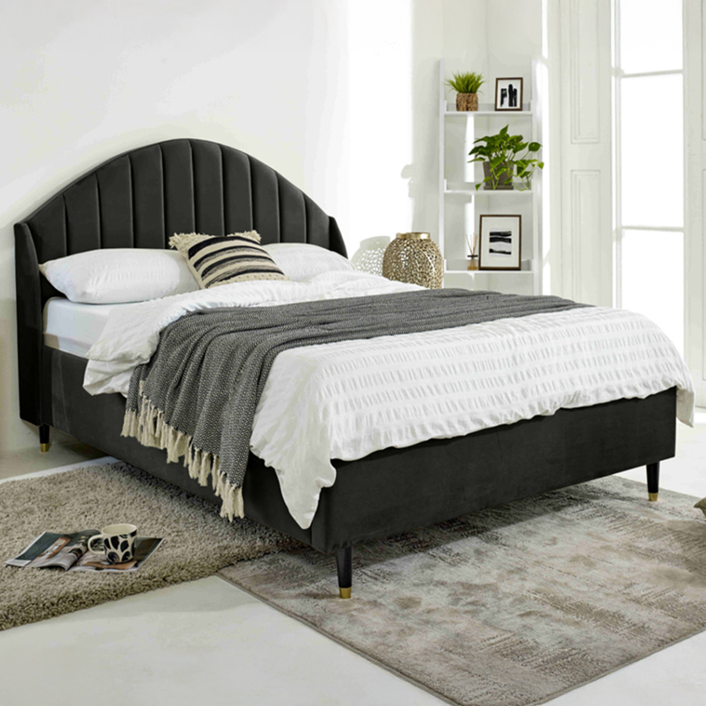 Eleganza Elysium Single Black Plush Velvet Bed Frame with Curved Winged Headboard Image 1