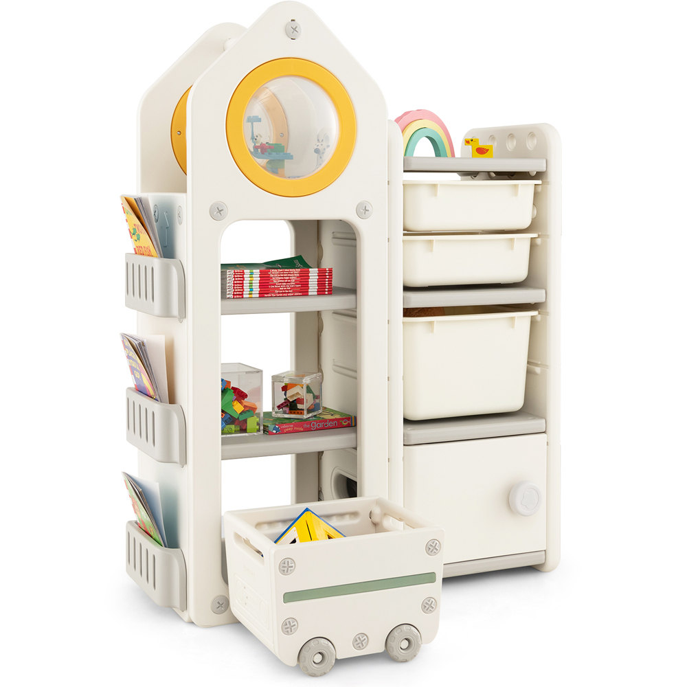 Costway Beige Kids Toy Storage Organiser with Mobile Trolley and Unique Roof Image 3