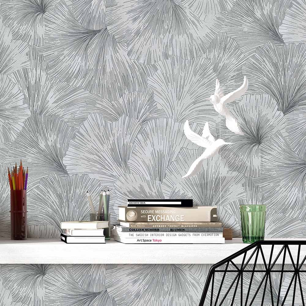 Erismann Stunning Ginkgo Flower Grey and Silver Vinyl Wallpaper Image 4