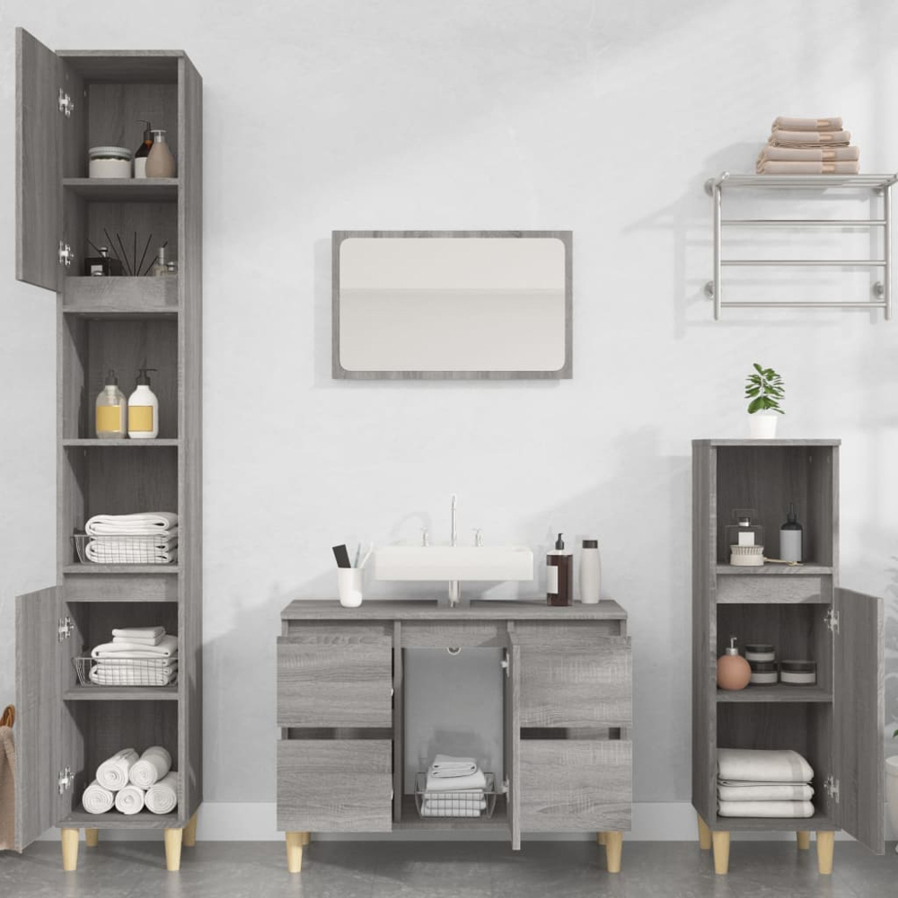 vidaXL Single Door 4 Drawer Grey Sonoma Freestanding Under Sink Bathroom Cabinet Image 8