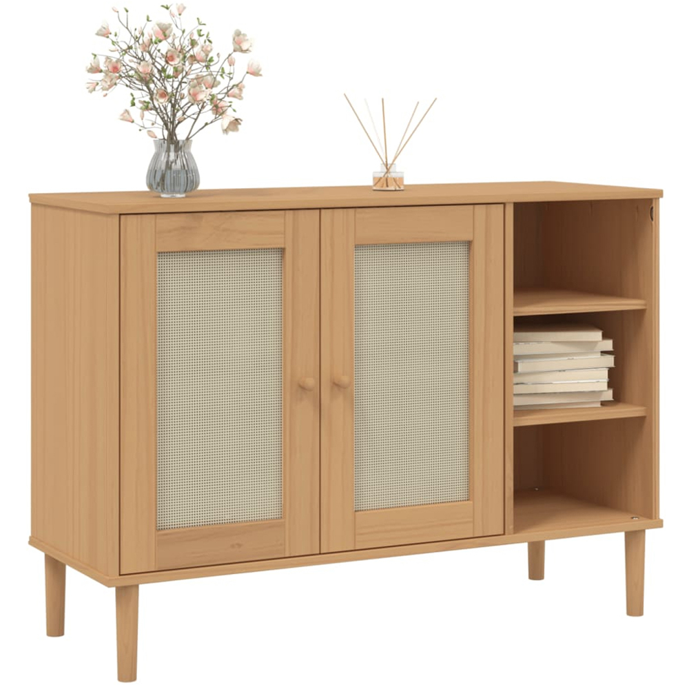 vidaXL 2 Rattan Door 3 Shelf Brown Pine Wood Sideboard Image 3