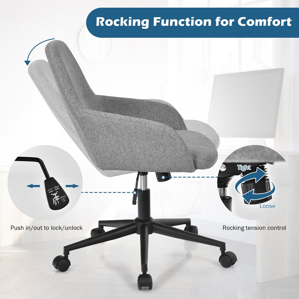 Costway Grey Home Office Chair with Reclining Backrest Image 8