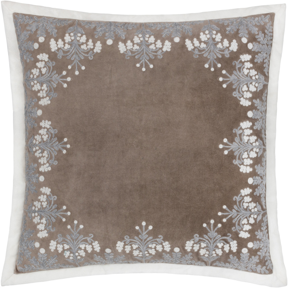 Paoletti Winter Bloom Embroidered Taupe Cotton Velvet Cushion 50 x 50cm Image 1