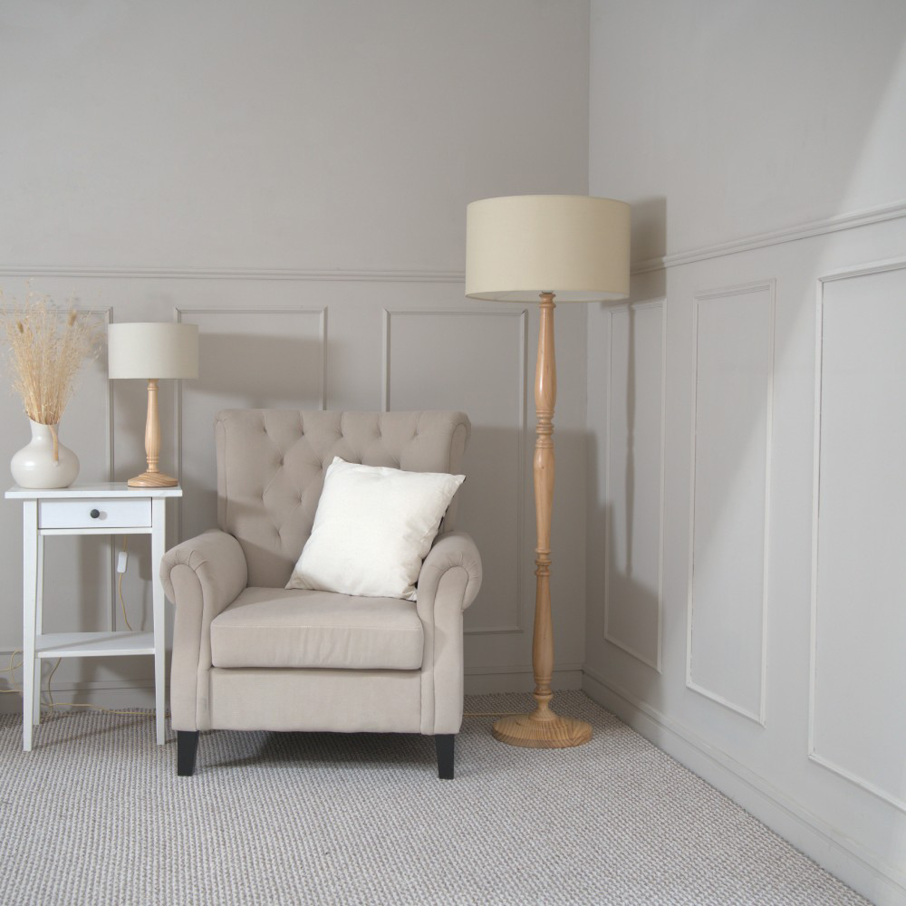 ValueLights Victoria Natural Fabric Drum Shade Light Wood Traditional Stem LED Table Lamp Image 3