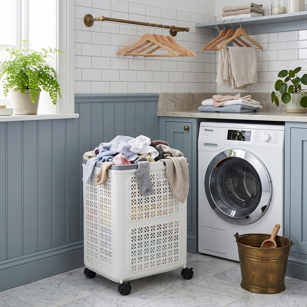 Living and Home White Foldable Rolling Laundry Basket with Wheels 41 x 31 x 55cm Image 7