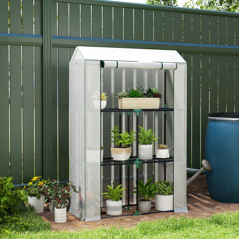 Outsunny White 3 Shelf PE Cover 3.2 x 1.3ft Mini Greenhouse with Roll Up Door Image 2