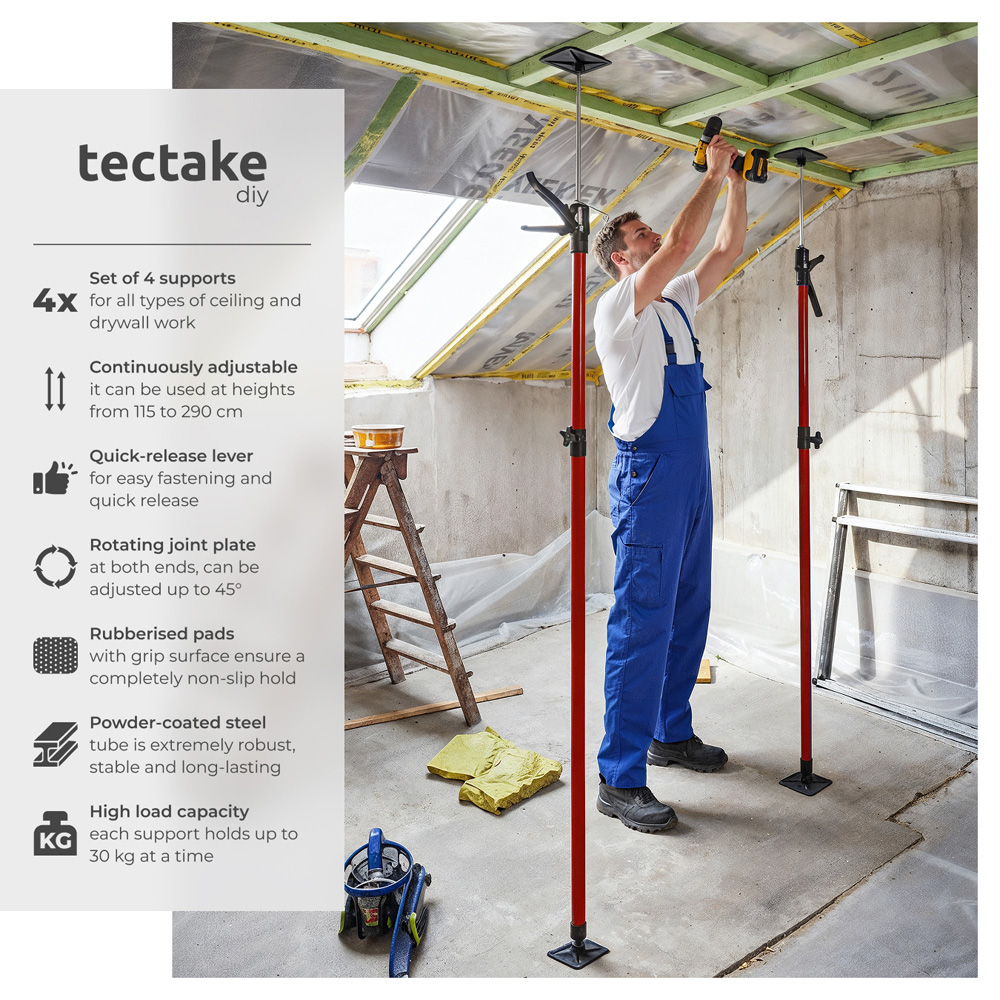 tectake Red Adjustable Ceiling Support Shore Holder Plasterboard Props 115 to 290cm 4 Pack Image 6
