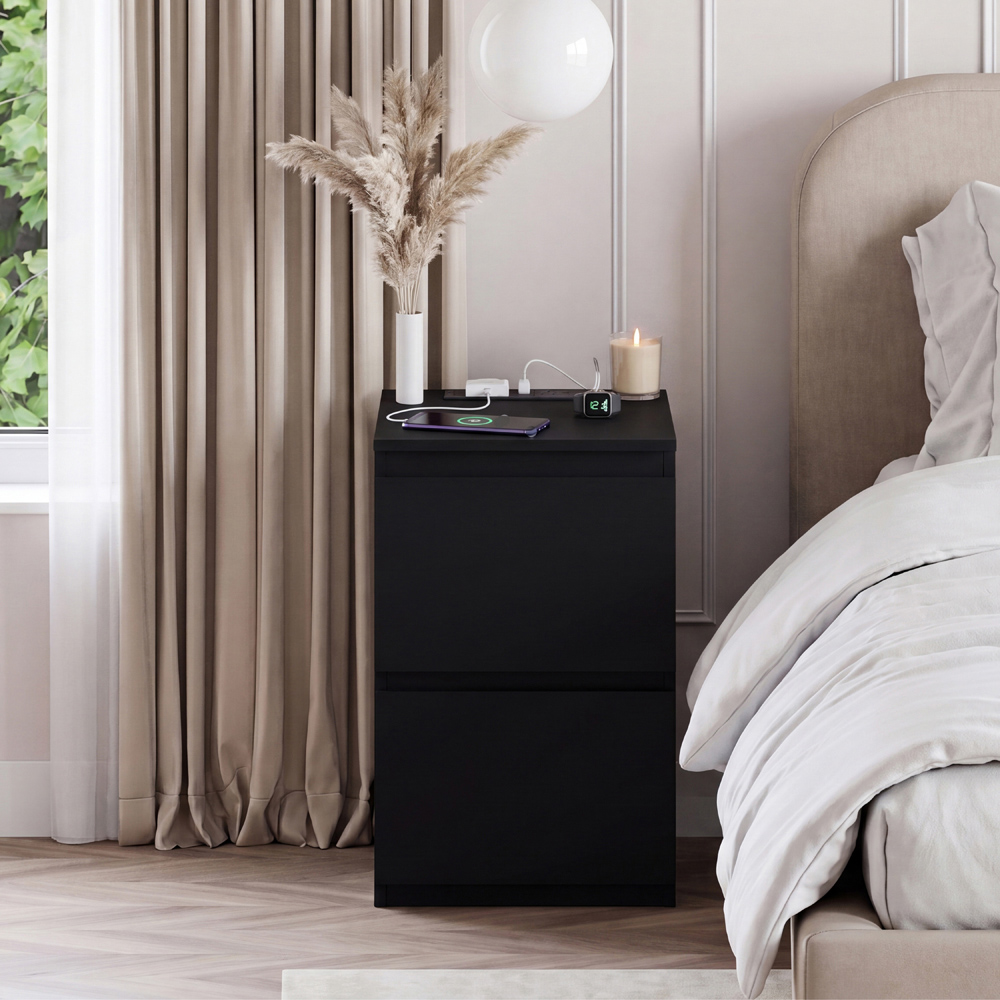 VIDA DESIGNS Denver 2 Drawer Black Bedside Chest with Power Outlet Image 3