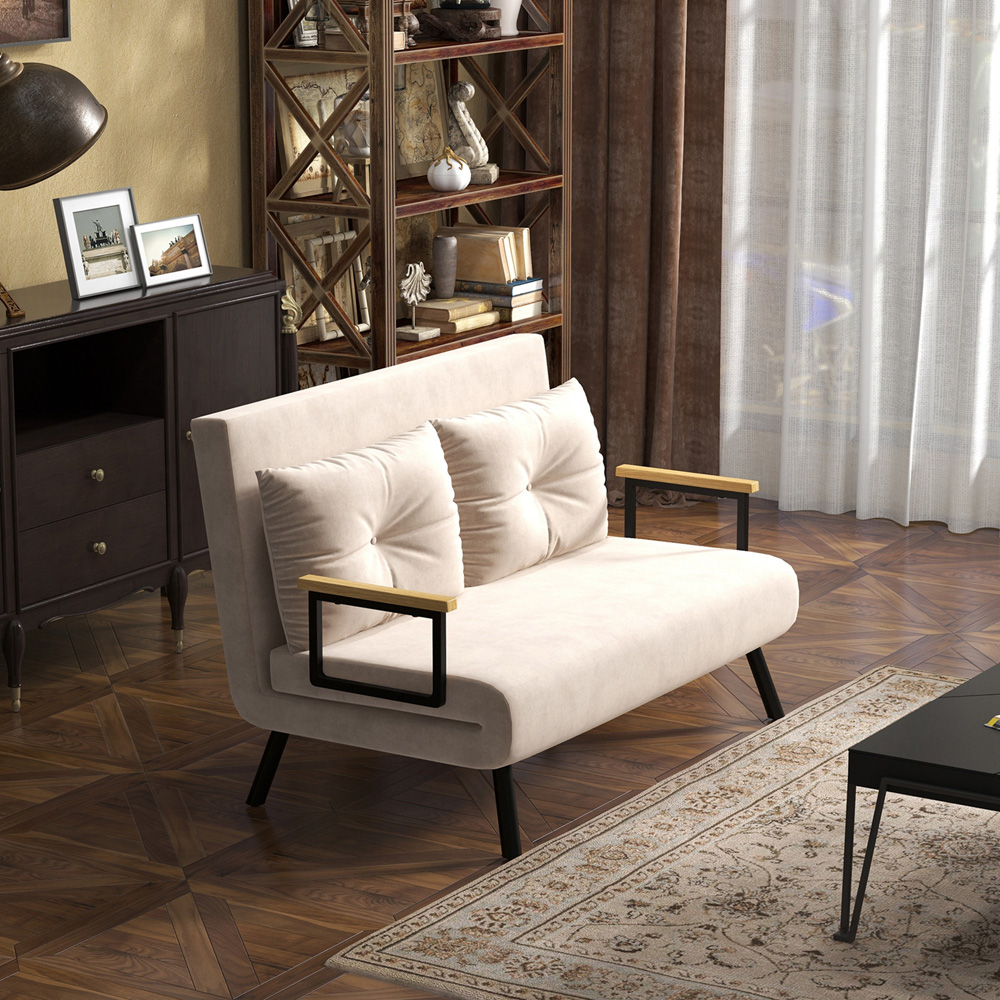HOMCOM 2 Seater Beige Velvet Feel Fabric Convertible Sofa Bed Image 4