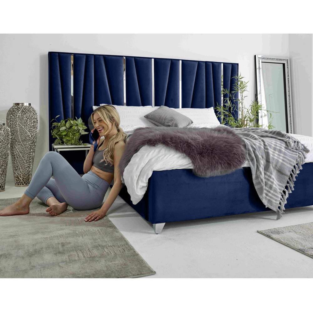 Eleganza Mila Single Blue Plush Velvet Bed Frame with Lined Headboard Image 6