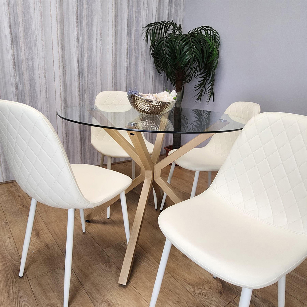 Kosy Koala 4 Seater Glass and Faux Leather Gem Pattern Round Dining Set Cream Image 3