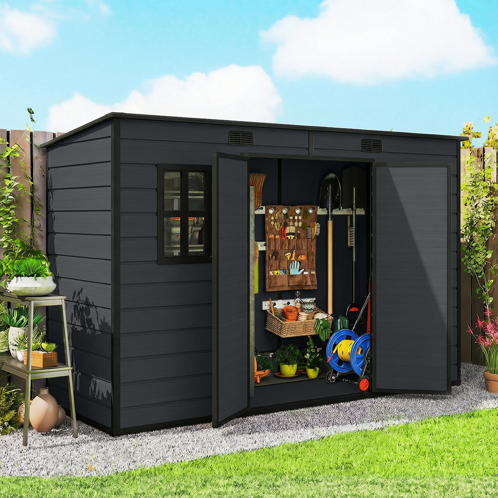 Outsunny 10 x 4ft Dark Grey Pent Garden Shed with Built-In Floor Image 2