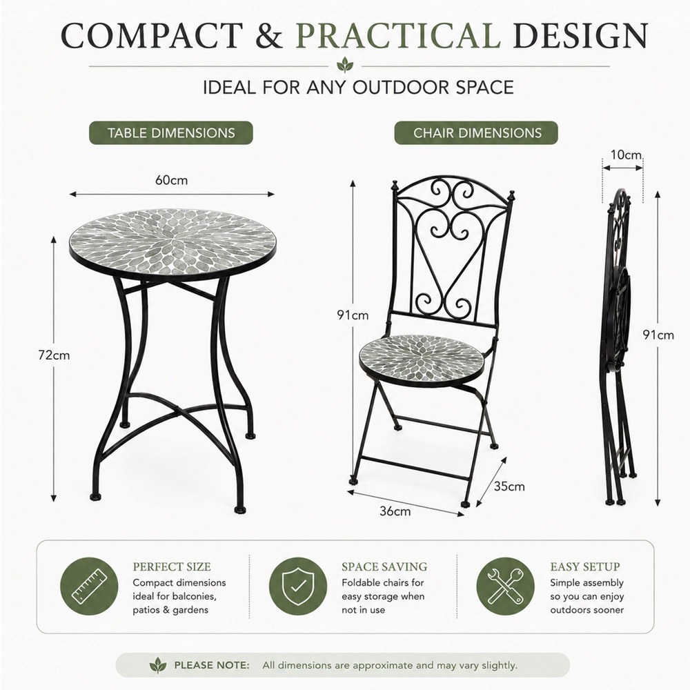 Shatchi Leaf 2 Seater Mosaic Ceramic Tile Top Foldable Bistro Set Image 9