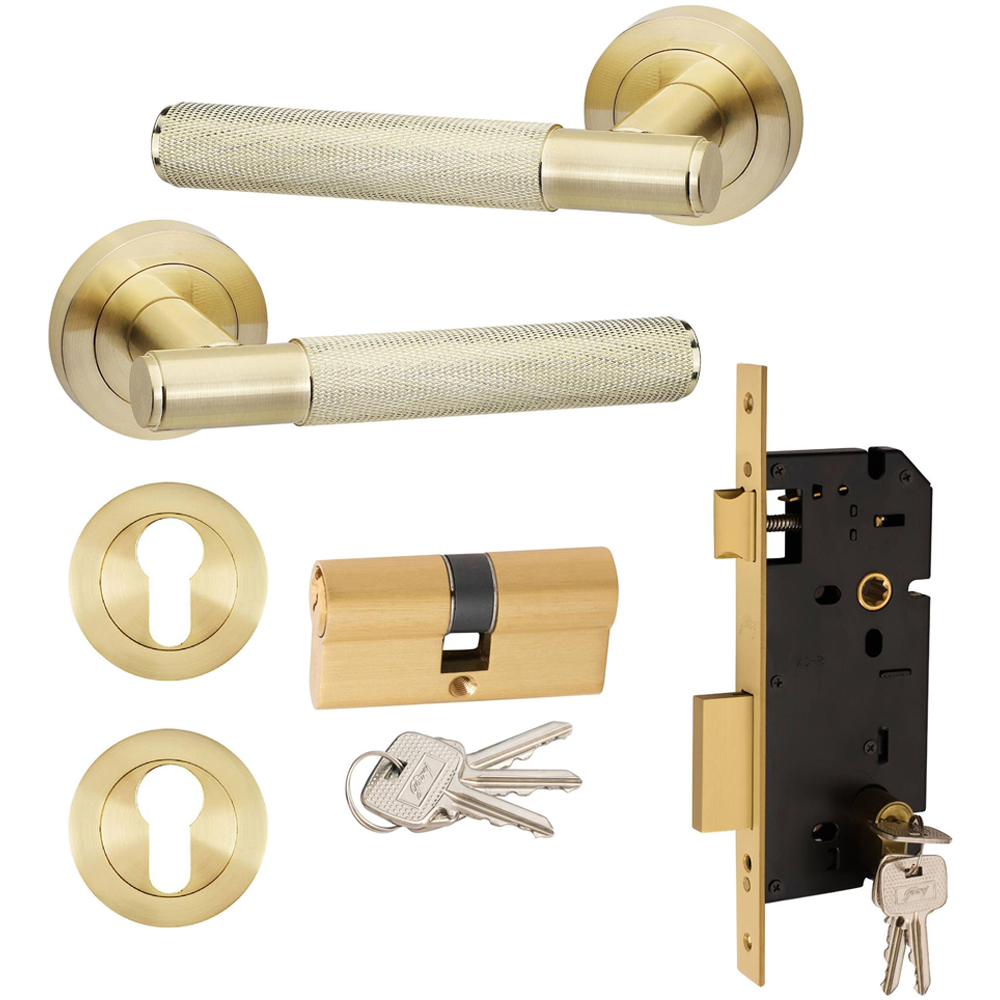 Golden Grace Knurled T-Bar Satin Brass Door Handles Euro Lock Key and Barrel Set 70mm Image 1