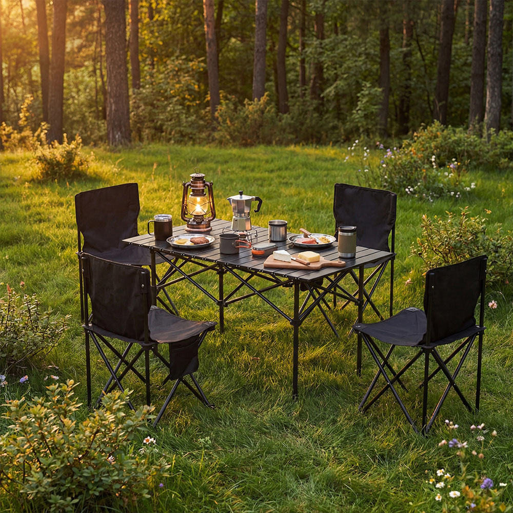 Living and Home 4 Seater Black Portable Folding Camping Table and Chair Set Image 7