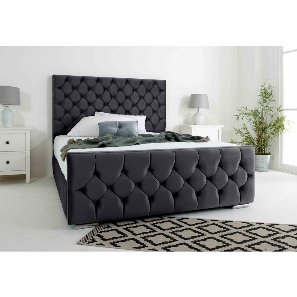 Eleganza Maya King Size Steel Plush Velvet Bed Frame with Chesterfield Headboard Image 2