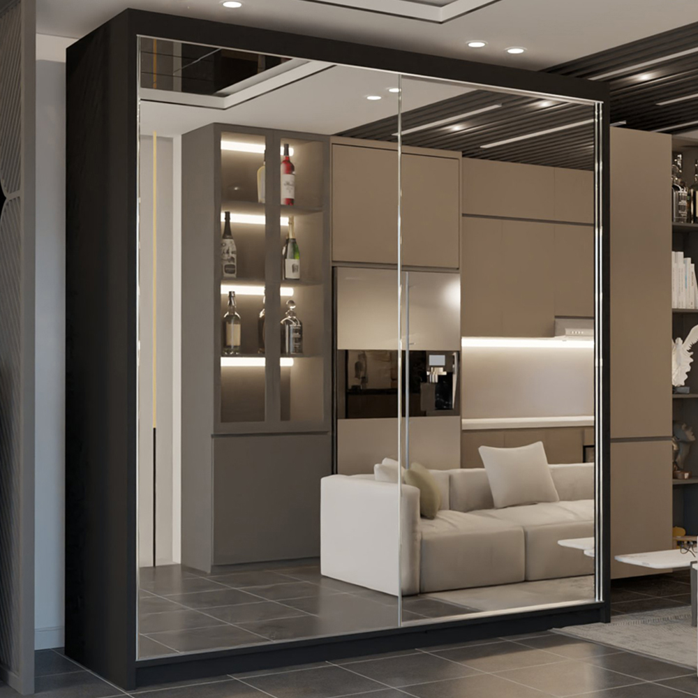M N Furniture 2 Door Black Mirrored Sliding Wardrobe 150cm Image 1